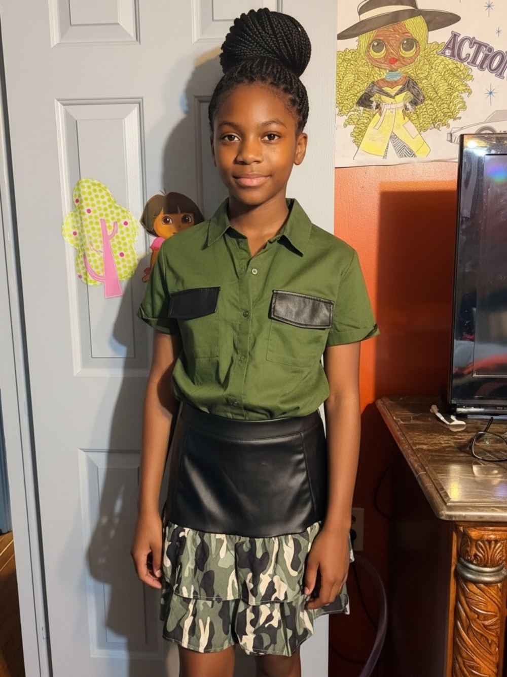 Girls' Olive Green Short Sleeve Button-Down Shirt with Black Pocket Trim